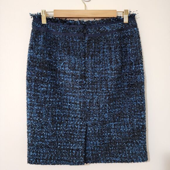 J. McLaughlin Womens Tweed Pencil Skirt Size 8 Navy Blue Black Fringe Lined - Picture 2 of 6